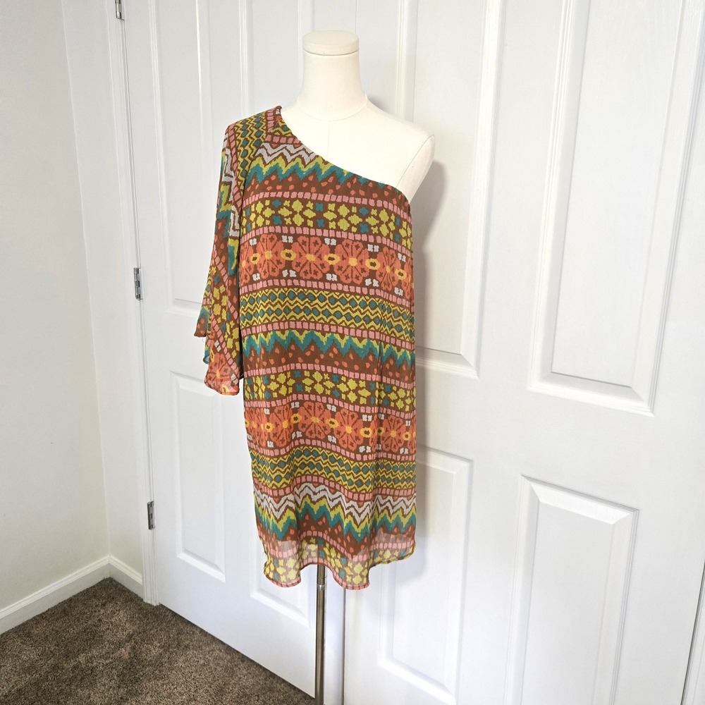 Judith March One Shoulder Dress Womens Medium Brown Multi Color Bell Sleeve Boho